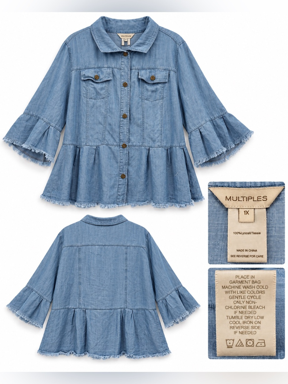 Multiples 1X Light Wash Lyocell Chambray Denim Jacket Top Bell Sleeve Frayed Hem